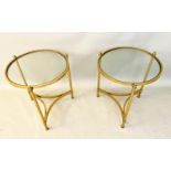 MAISON BAGUES STYLE SIDE TABLES, a pair, 45cm H, gilt metal and glass.