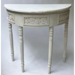 CONSOLE TABLE, 81cm x 41cm x 77cm H, French style, demi lune, grey painted, with pierced frieze.
