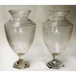 VASES, a pair, cut glass crystal each open with hexagonal facetted support, 54cm H. (2)