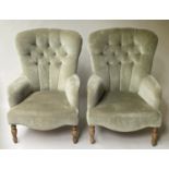 ARMCHAIRS, a pair, Victorian style buttoned plush velvet with turned supports, 64cm W. (2)