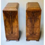ART DECO BEDSIDE CHESTS, a pair, burr walnut each with three graduated drawers and 'Empire state