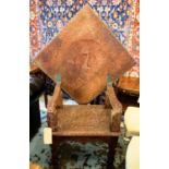 MONKS CHAIR, Indian carved hardwood with hinged chair back 152cm H x 121cm x 52cm forming a table