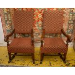 ARMCHAIRS, 121cm H x 64cm, a pair, early 19th century Spanish walnut and parcel gilt on red check