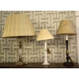 TABLE LAMPS, three, on Chinoiserie 65cm H including shade, one ceramic 55cm H including shade and