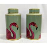 GINGER JARS, a pair, glazed ceramic, flamingo design, 41cm H with covers. (2)