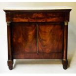 SIDE CABINET, 19th century French Empire flame mahogany with frieze drawer and two panelled doors