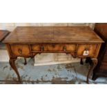 DESK, 79cm H x 122cm x 53cm, early 20th century walnut with three drawers. (escutcheon and small