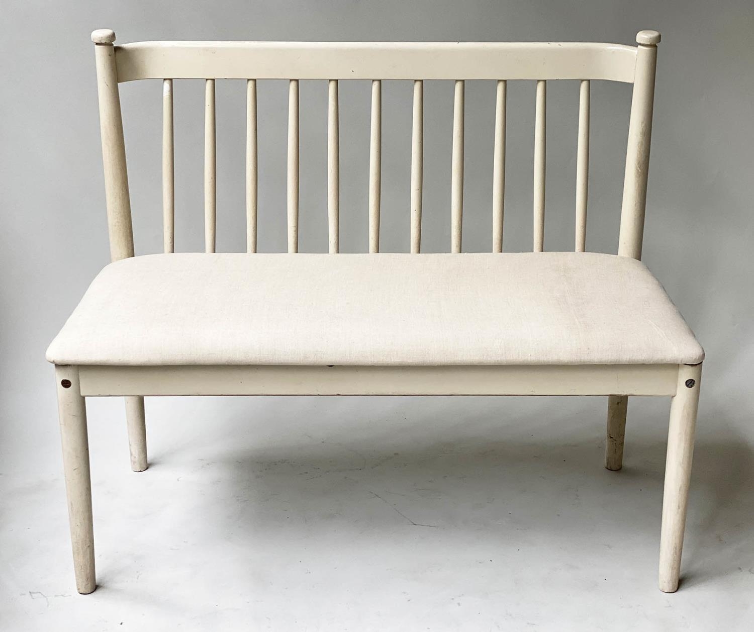 SCANDINAVIAN BENCH, mid 20th century grey painted with ecru linen upholstered seat, together with - Image 6 of 7