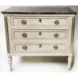 COMMODE, 19th century French Directoire style, grey painted and silvered metal mounted, with three