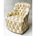 ARMCHAIR, bow back arched tub form with primrose yellow buttoned upholstery, 61cm W.