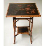 LAMP TABLE, 19th century bamboo framed and Japanese lacquered and hand painted panelled, 56cm x 56cm