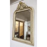 WALL MIRROR, 101cm H x 63cm, 19th century French gessoed wood with old plate beneath an urn and