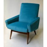 ARMCHAIR, 1950's Danish angular electric blue velvet upholstery and splay teak supports, 64cm W.