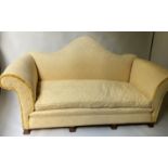 SOFA, Early 20th century, yellow silk damask, with hump back and walnut 'Braganza' style feet, 212cm