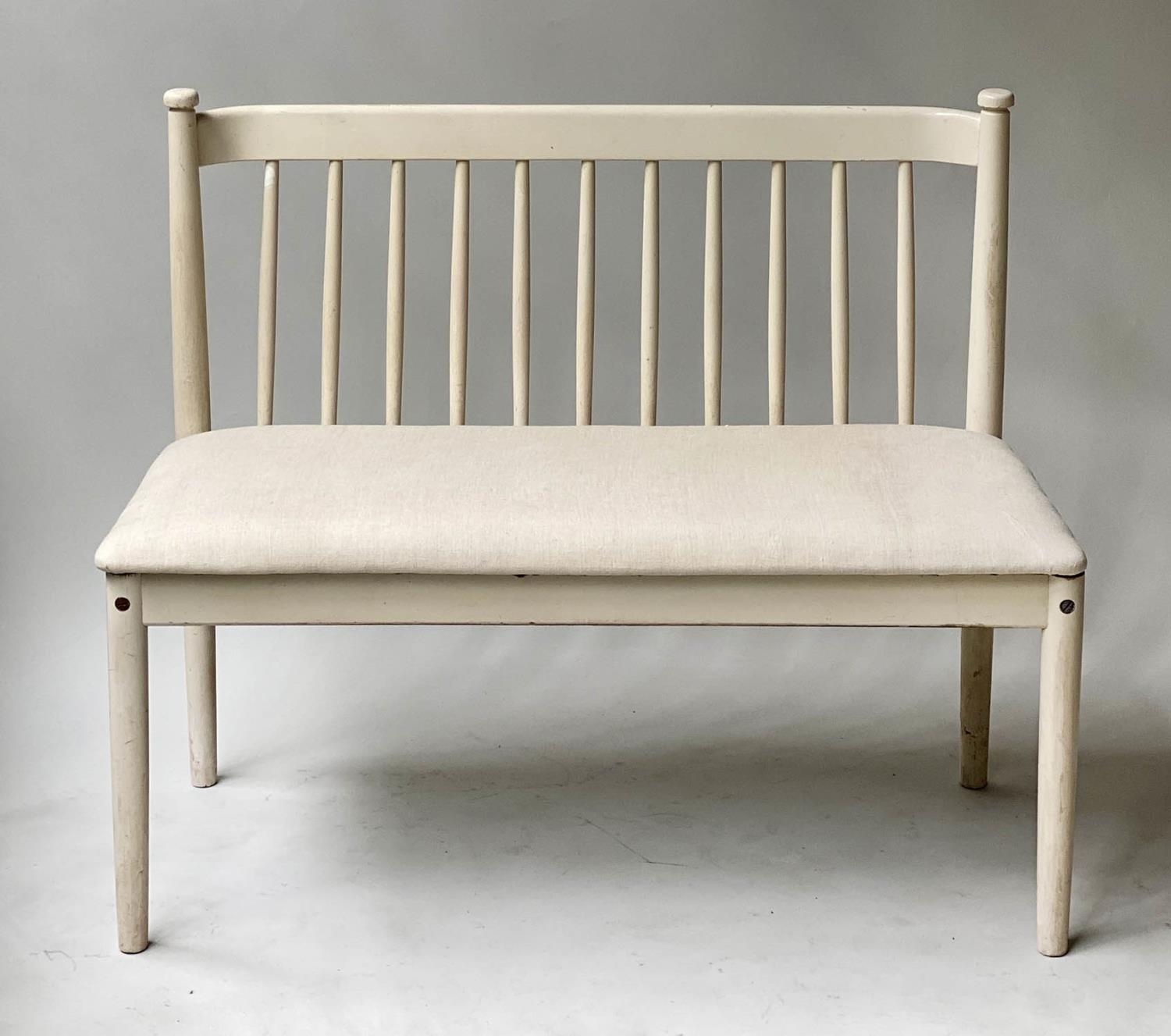 SCANDINAVIAN BENCH, mid 20th century grey painted with ecru linen upholstered seat, together with - Image 3 of 7