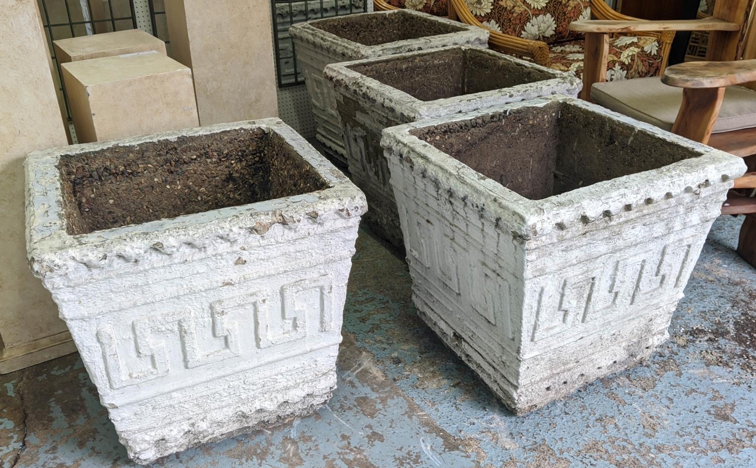 PLANTERS, a pair, 66cm sq x 60cm H, square, white composite stone, with Greek mosaic pattern. (2)