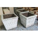 PLANTERS, a pair, 66cm sq x 60cm H, square, white composite stone, with Greek mosaic pattern. (2)