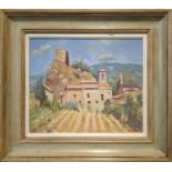 VIRGINIA RIDLEY 'Old Village, near Parma', oil on board, 29cm x 24cm, signed and framed.