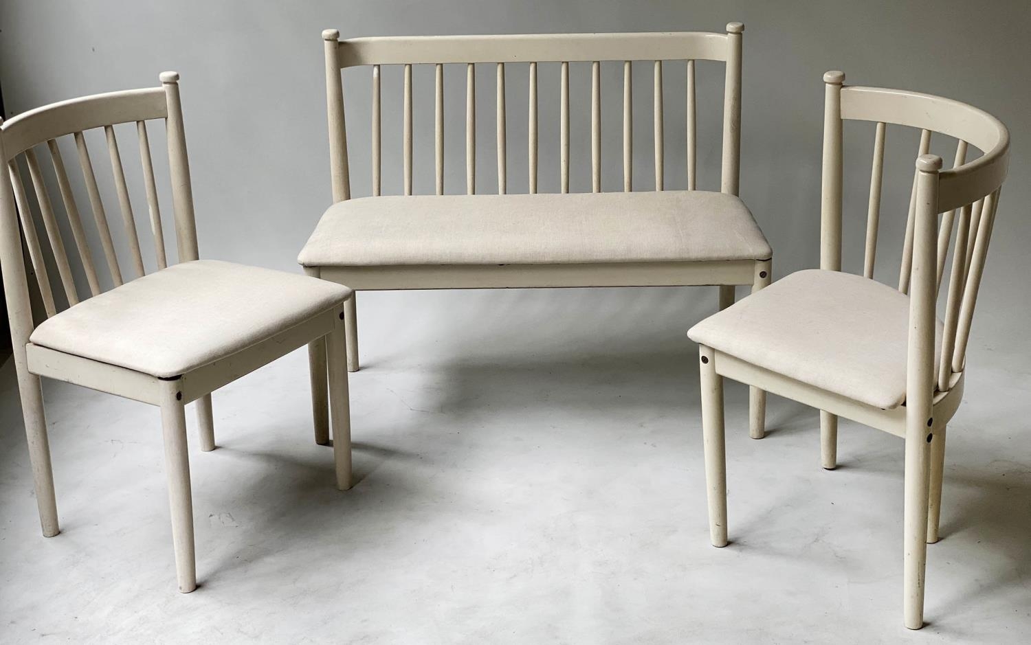 SCANDINAVIAN BENCH, mid 20th century grey painted with ecru linen upholstered seat, together with