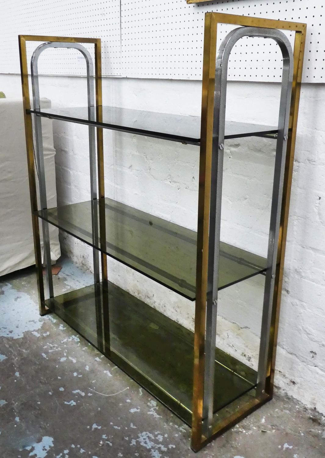 ETAGERE, 88cm x 31cm x 103cm, 1970's brass and chrome, glass shelves.