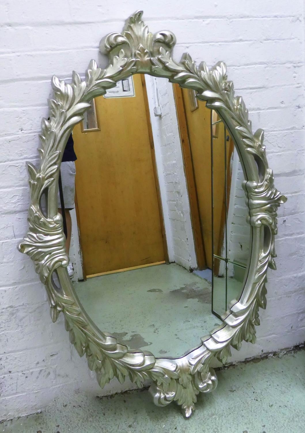 WALL MIRROR, 131cm H x 91cm W, silver gilt frame.