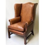 WING ARMCHAIR, George III design in studded natural hide with stretchered supports, 80cm W.