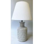 TABLE LAMP, Belik style white ceramic with applied basket work and cord, of drum form with pleated