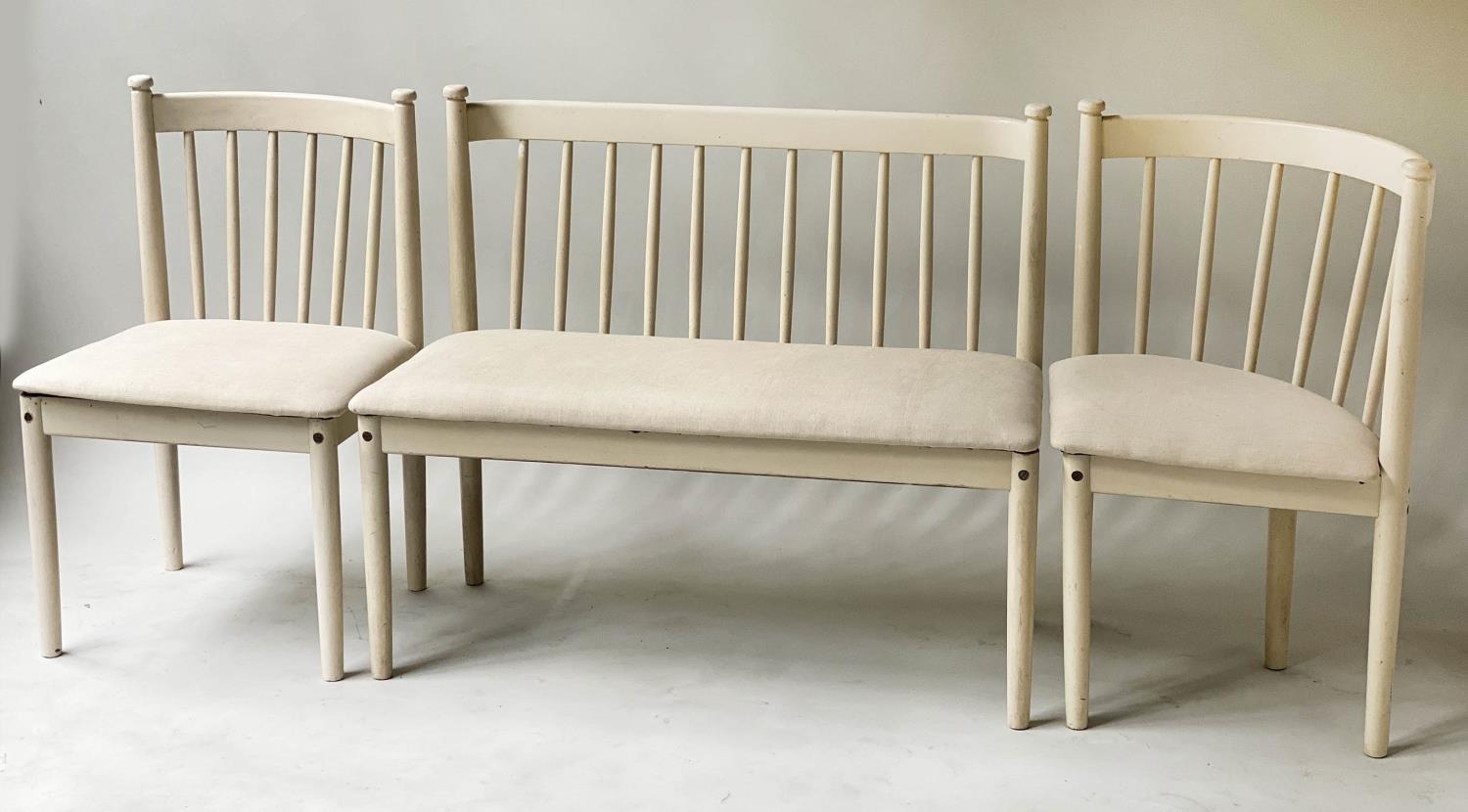 SCANDINAVIAN BENCH, mid 20th century grey painted with ecru linen upholstered seat, together with - Image 7 of 7