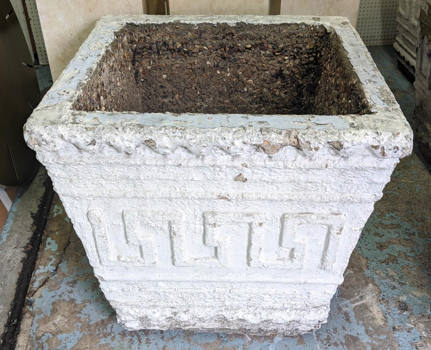 PLANTERS, a pair, 66cm sq x 60cm H, square, white composite stone, with Greek mosaic pattern. (2) - Image 2 of 3