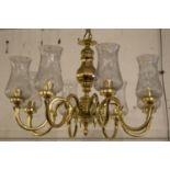 CHANDELIER, 70cm x 49cm H excluding chain, brass with eight lights and etched glass shades.