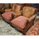 CLUB ARMCHAIRS, 76cm H x 81cm a pair, early 20th century beechwood in original brown leather with