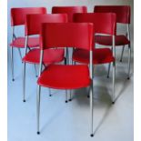 CALLIGANS DINING CHAIRS, a set of six, scarlet stitched leather with grey metal enamelled