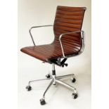 REVOLVING DESK CHAIR, Charles and Ray Eames inspired ribbed mid brown leather revolving and