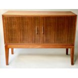 GORDON RUSSELL SIDEBOARD, 1970's teak and Indian laurel with two panelled doors, 100cm x 42cm D x