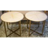 SIDE TABLES, 52cm H x 55cm diam., a pair, gilt metal with segment divided circular velum tops. (2)