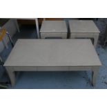 LOW TABLE, 125cm x 65cm x 46cm, and two matching side tables, drawer in each. (3)