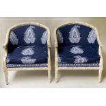 FAUX BAMBOO ARMCHAIRS, a pair, batik royal blue cotton/linen upholstered, 68cm W. (2)