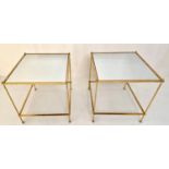 SIDE TABLES, a pair, 1960's French style, gilt meal and glass, 46cm x 46cm x 46cm. (2)