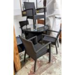 FAUX RATTAN GARDEN TABLE, together with four chairs, table 75cm H x, chairs 85cm H x 50cm W. (5)