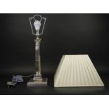 CORINTHIAN COLUMN LAMP, silver plated, recently reconditioned with silk pleated shade, 62cm H.