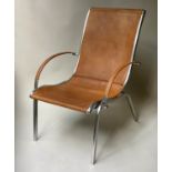 CANYON ARMCHAIR, sling armchair with stitched ranch raw leather on polished botted aluminium