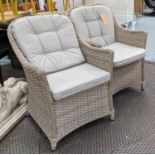 BRAMBLECREST FAUX RATTAN ARMCHAIRS, a pair, 90cm H with cushions. (2)