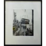 'LONDON BUS ON A CRANE', silver gelatin archival fibre print, 61cm x 50cm overall.