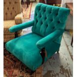 ARMCHAIR, 84cm H x 78cm Victorian in cyan green velvet on ceramic castors.