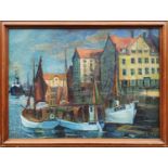 ANNA BOBERG (1864-1935) 'Quayside Aalborg, Denmark', oil on canvas, 67cm x 93cm, signed with