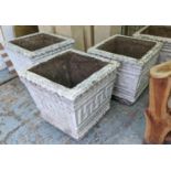 PLANTERS, a pair, 66cm sq x 60cm H, square, white composite stone, with Greek mosaic pattern.