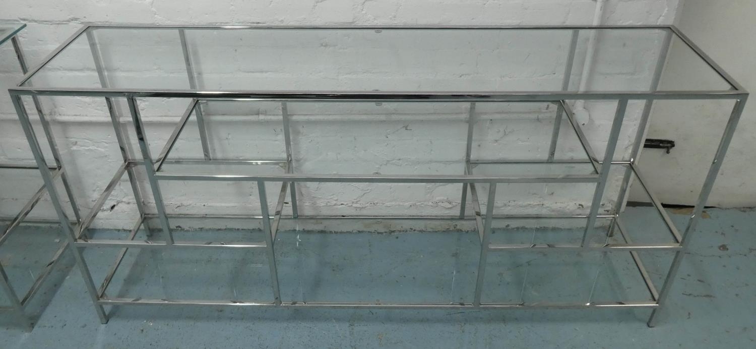 CONSOLE TABLE, 160cm x 40cm x 75cm, contemporary design, polished metal and glass.