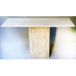 TRAVERTINE CONSOLE TABLE, Italian rectangular travertine on plinth base, 131cm x 46cm x 75cm H.