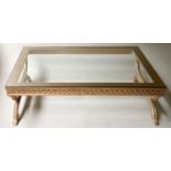 LOW TABLE, rectangular glazed on hand carved giltwood supports, 131cm x 97cm x 40cm H.