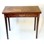 DUTCH CARD TABLE, 19th century Dutch mahogany and satinwood foliate marquetry foldover baize lined